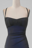 Elegant Black Blue Spaghetti Straps Sheath Bridesmaid Dress with Lace Up Back