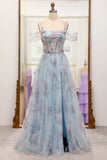 Blue Flower A Line Spaghetti Straps Corset Floral Prom Dress