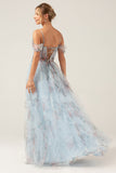 Blue Flower A Line Spaghetti Straps Corset Floral Prom Dress