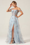 Blue Flower A Line Spaghetti Straps Corset Floral Prom Dress