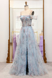 Blue Flower A Line Spaghetti Straps Corset Floral Prom Dress