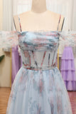 Blue Flower A Line Spaghetti Straps Corset Floral Prom Dress