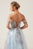 Blue Flower A Line Spaghetti Straps Corset Floral Prom Dress