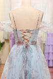 Blue Flower A Line Spaghetti Straps Corset Floral Prom Dress