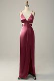 Spaghetti Straps Cut Out Olive Long Bridesmaid Dress with Slit