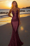 Sparkly Silver Spaghetti Straps Mermaid Sequined Formal Dress