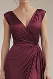 Grey Blue V-Neck Sheath Maxi Ruched Formal Dress with Ruffles