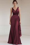 Sheath V-Neck Grey Blue Ruched Maxi Satin Formal Dress
