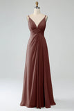 A-Line Pleated Spaghetti Straps Chiffon Bridesmaid Dress With Slit