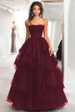 Black Ball Gown Tulle Tiered Strapless A Line Prom Dress