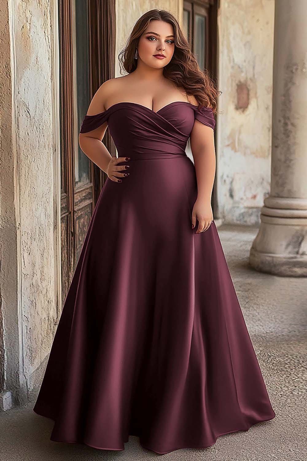 Leely Women Burgundy A Line Satin Maxi Prom Dress Off the Shoulder Plus Size Ruched Maxi Formal Dress leelyuk Leely Women Burgundy A Line Satin Maxi Prom Dress Off the Shoulder Plus Size Ruched Maxi Formal Dress leelyuk