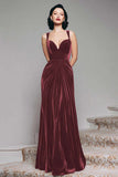 Burgundy Velvet Mermaid Thick Straps Long Ruched Holiday Party Dress