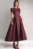 A-Line Satin Fuchsia Short Sleeves Mother of the Bride Dress