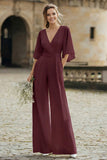 Ivory V-Neck Half Sleeves Wedding Jumpsuits with Pockets