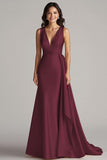 Elegant Maxi Champagne V-Neck Mermaid Satin Formal Dress