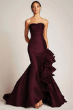 Strapless Satin Mermaid Long Black Tie Dress with Ruffles