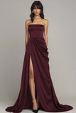 Black Strapless Satin Ruched A Line Maxi Formal Dress with Slit