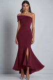Navy Sheath Off the Shoulder Ruffled Maxi Formal Dress with Slit