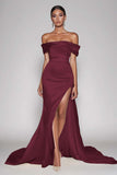 Elegant Champagne Sheath Off the Shoulder Satin Maxi Prom Dress with Slit