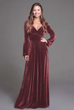 Burgundy A Line Velvet V-Neck Long Holiday Party Dress with Sleeves