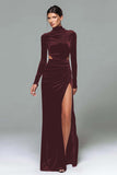 Burgundy Velvet Sheath High Neck Cut Out Long Holiday Party Dress with Slit