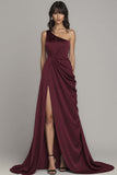 Satin Peacock A Line One Shoulder Ruched Long Formal Dress with Slit