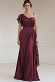 Grey Blue Sheath Satin Asymmetrical Neck Long Formal Dress with Ruffles