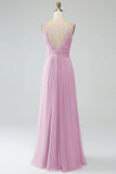A-Line Pleated Spaghetti Straps Chiffon Bridesmaid Dress With Slit