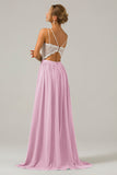 Cabernet A-Line Spaghetti Straps Pleated Long Bridesmaid Dress With Lace