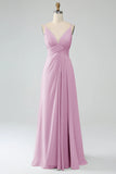 A-Line Pleated Spaghetti Straps Chiffon Bridesmaid Dress With Slit