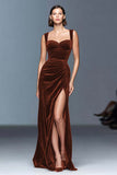 Maxi Burgundy Velvet Ruched Sheath Holiday Party Dress with Slit