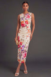 Ruched Floral Black Sheath Sleeveless Midi Beach Wedding Guest Dress