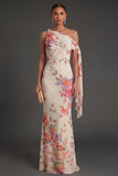 Floral Black Sheath One Shoulder Ruched Long Formal Dress