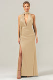 Burgundy Sheath V-Neck Satin Bridesmaid Guest Dress with Slit
