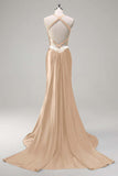 Dark Green Corset Beaded Satin Mermaid Sweep Train Prom Dress