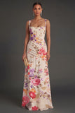 Ivory Floral A Line Thick Straps Ruched Backless Long Formal Dress