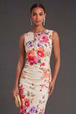 Ruched Floral Black Sheath Sleeveless Midi Beach Wedding Guest Dress