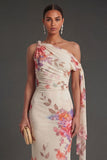Floral Black Sheath One Shoulder Ruched Long Formal Dress