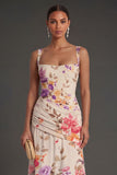 Ivory Floral A Line Thick Straps Ruched Backless Long Formal Dress