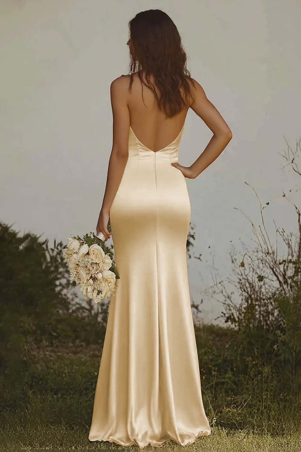 Leely Women Elegant Light Yellow Sheath Satin Bridesmaid Dress Halter Backless Maxi Wedding Guest Dress leelyuk Leely Women Elegant Light Yellow Sheath Satin Bridesmaid Dress Halter Backless Maxi Wedding Guest Dress leelyuk