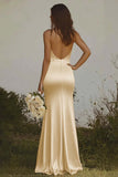 Elegant Light Yellow Sheath Halter Maxi Satin Bridesmaid Dress