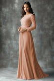 Champagne Rose Chiffon Round Neck Applique Mother of the Bride Dress