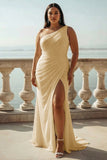 Champagne Chiffon Ruched One Shoulder Beach Maxi Engagement Dress with Slit