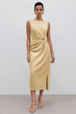 Orange Midi Bateau Neck Sleeveless Ruched Pencil Work Dress with Slit