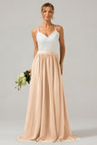 Cabernet A-Line Spaghetti Straps Pleated Long Bridesmaid Dress With Lace