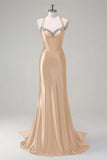 Dark Green Corset Beaded Satin Mermaid Sweep Train Prom Dress