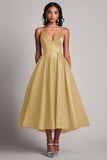 Champagne Satin A-Line V Neck Tea Length Formal Dress