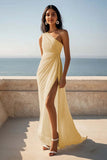 Chiffon One Shoulder Ruched Ivory Maxi Rehearsal Dinner Dress with Slit