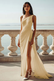 Champagne Chiffon Ruched One Shoulder Beach Maxi Engagement Dress with Slit