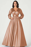 Grey Blue Satin A-Line Mother of the Bride Dress with Long Sleeves